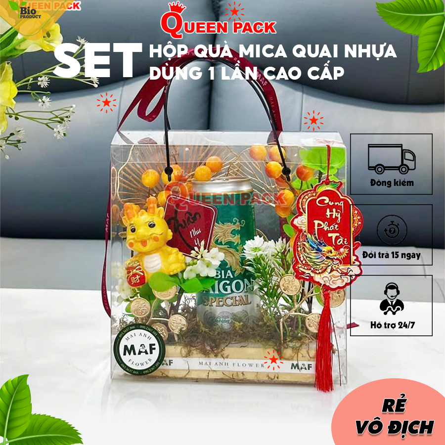 Túi Hộp Mica Trong Suốt (Trơn) Kèm Quai Xách Bằng Nhựa Dùng Đựng Quà Tặng, Hoa Quả, Bánh Kẹo Tặng Biếu Dịp Lễ