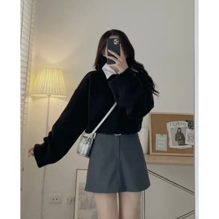  METWO. - Áo len trơn mịn lông thỏ croptop QC cổ tròn basic dáng ngắn lửng dài tay ulzzang tiểu thư Hàn Quốc #0725 