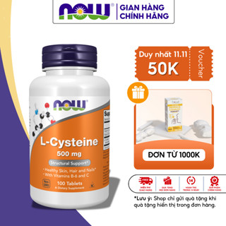 L-Cysteine Now 500mg hỗ trợ da, tóc & móng khoẻ Vitamin B-6 & C của Mỹ lọ 100 Viên