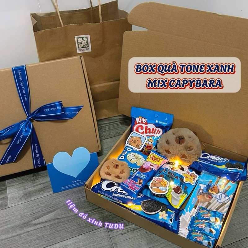 Quà sinh nhật, Valentines - Box quà bánh kẹo màu xanh mix cài gấu bông capybara (KÈM ĐÈN, THIỆP, TÚI GIẤY) tặng bạn trai