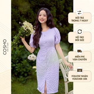 Váy đầm nữ thiết kế dáng ôm kẻ tím ,tay dúm phồng Purple Dress 12409