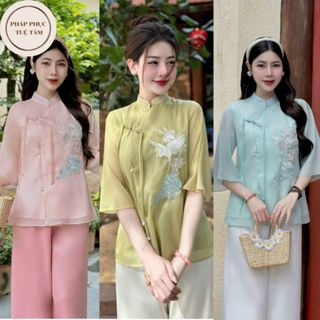 Bộ đồ đi chùa nữ cách tân voan tơ thêu hạc Pháp phục đi chùa cổ tàu dây tết cách điệu Đồ lam đi chùa 2 lớp VOAN HẠC