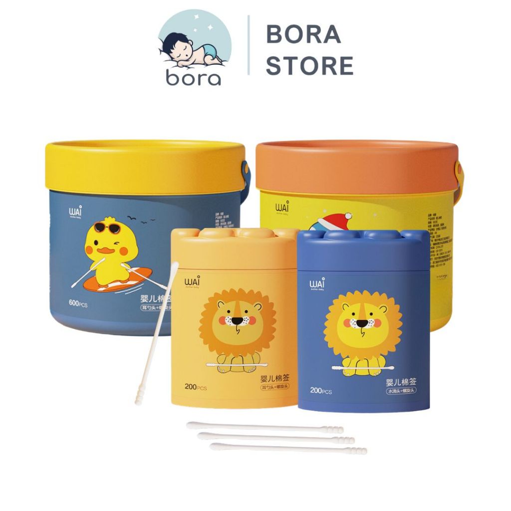 Tăm bông cho bé sơ sinh WAI, bông tự nhiên cao cấp, hộp 200/600 que