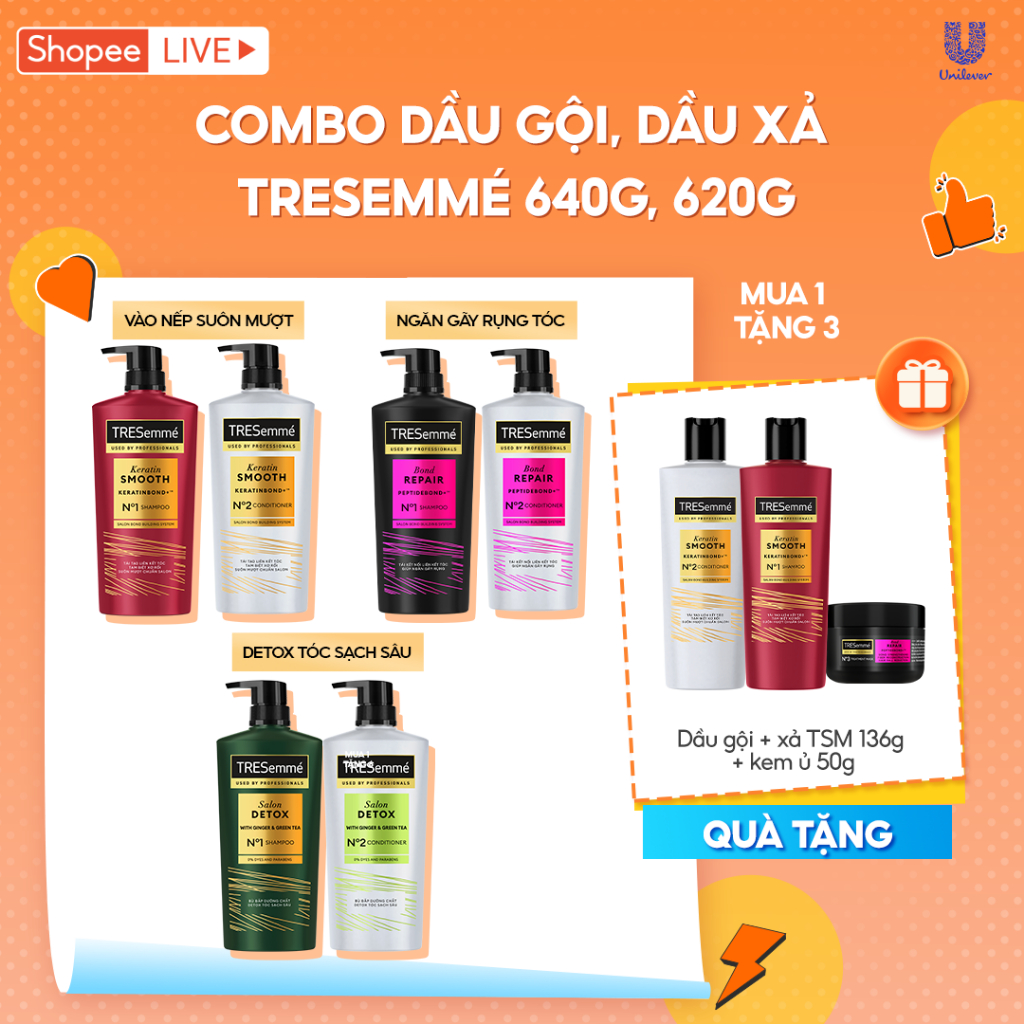 Combo Dầu Gội, Dầu Xả TRESemmé Đẹp Chuẩn Salon Cho Tóc Vào Nếp, Chắc Khỏe, Giảm Gãy Rụng 640g, 620g