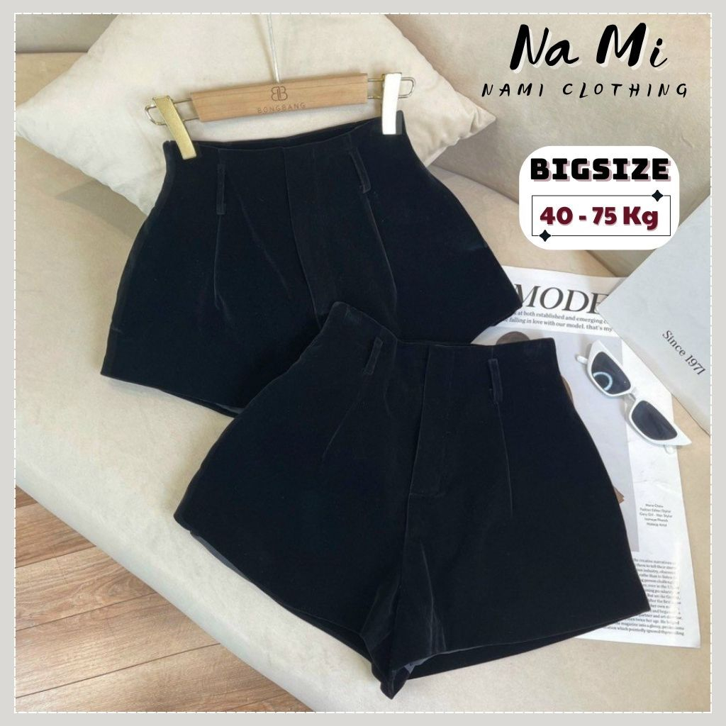 Quần short nhung cạp cao ống rộng BigSize khoá giọt lệ phía sau, Quần đùi nhung ống rộng có đỉa cài NaMi 113