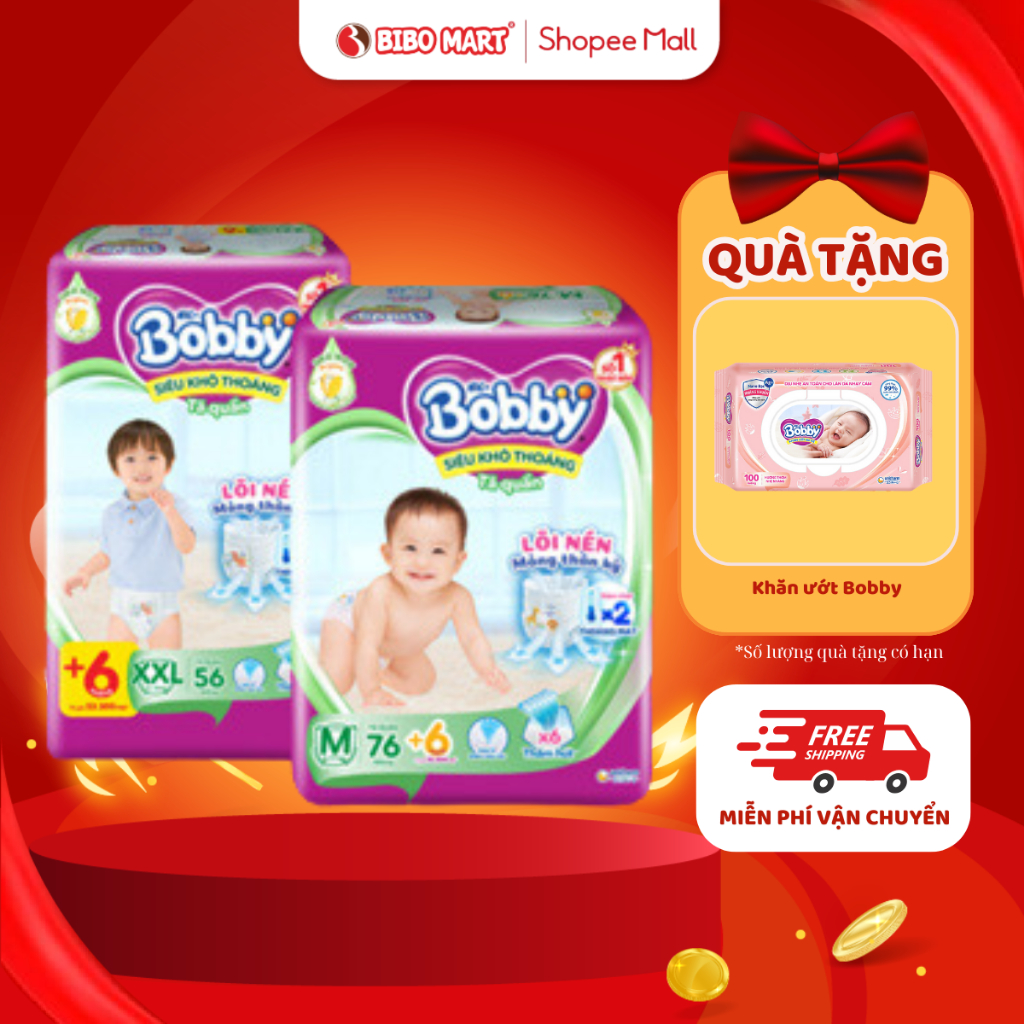 Bỉm Quần Bobby Tã Bỉm Bobby Mỏng Khô Thoáng Lõi Nén Thâm Hút Tốt Size M76 L48 XL44 XXL32 (Giao Ngẫu Nhiên) - Bibomart