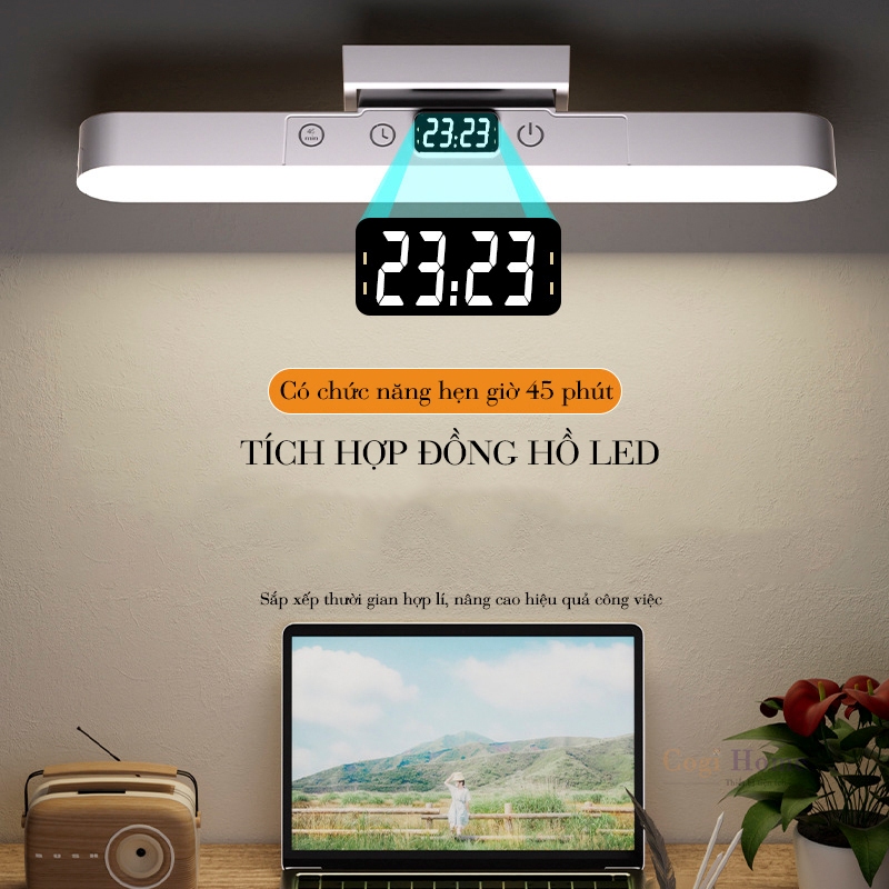 Đèn Học LED Chống Cận Thị Gắn Tường Xoay 80 Độ Tích Điện Pin Sạc 3 Màu Ánh Sáng Có Đồng Hồ