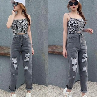 Quần Jeans Baggy Nữ Lưng Cao, Màu Xám Khói Rách Bụi 4411 Moli Jean