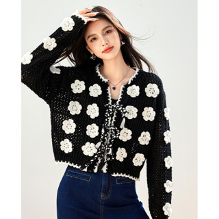  áo len Zara made in Morocco đen đính hoa trắng nổi nữ 