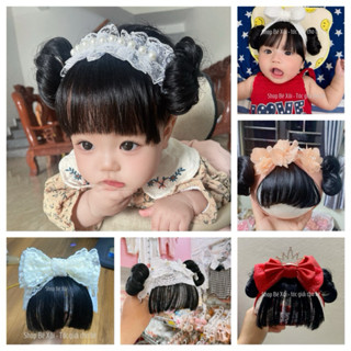 [50 mẫu]  Băng Đô Turban Tóc Giả cho bé gái, băng đô kèm búi mái đen cho bé gái, Shop Bé Xôi DN