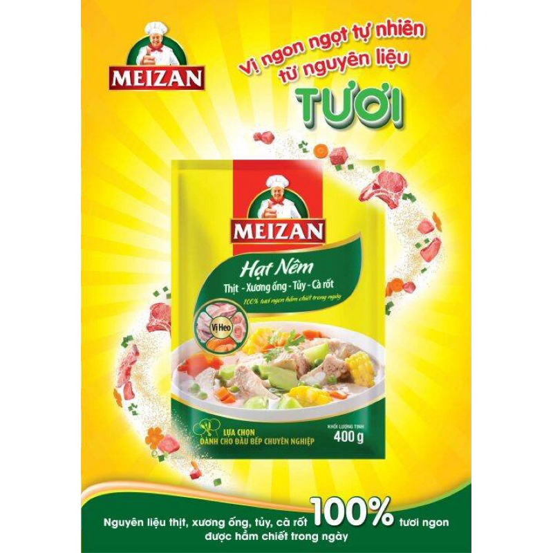 Hạt Nêm Vị Heo Meizan 400g – Thịt, Xương Ống, Tủy & Cà Rốt – Hạt Nêm Meizan Gói 400g Date Mới