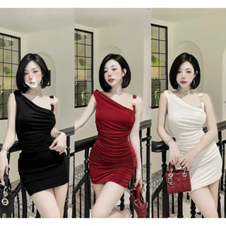 ĐẦM BODY lệch vai khoen cài Nhún eo dự tiệc Sang Chảnh, Váy body lệch vai khoen cài nhún eo cao cấp cực xinh