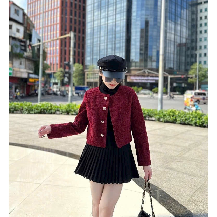 áo khoác dạ tweed nữ nhung dáng ngắn 2 lớp cao cấp tiểu thư mùa đông