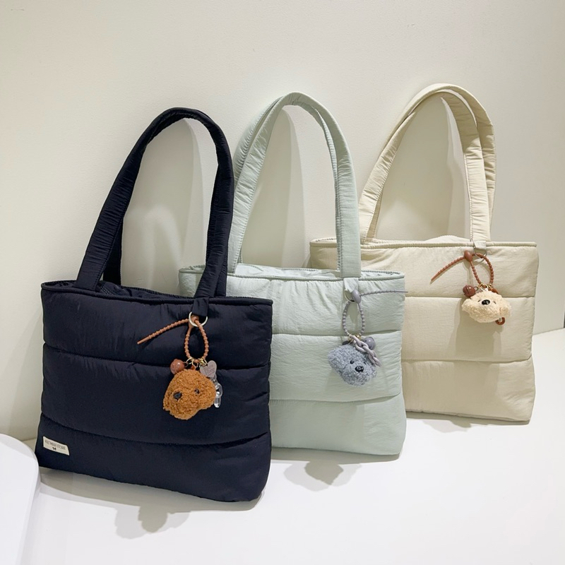 Túi Tote Trần Bông Kẻ Sọc Đi Học Đi Du Lịch (Kèm Charm Gấu)