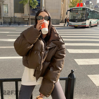 [ Hàng Sẵn ] Áo Phao Da Nâu Dáng Ngắn Form Boxy Phong Cách Korea 22FIT FP1