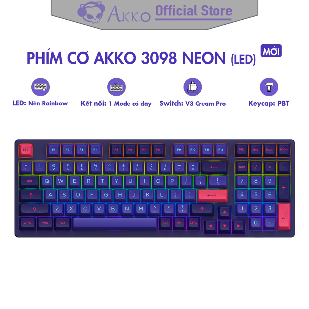 Bàn phím cơ AKKO 3098 NEON [ Rainbow LED / V3 Cream Pro / PBT Double Shot / ASA profile / 98 Key ] -