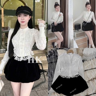Sét Bộ Áo Sơ Mi Ren Trắng Phối Len Khuy Bọc Dài Tay Kèm Quần Short Nhung Phồng Dáng Ngắn Size S M - Halinh Shop