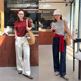 Quần Jeans nữ ống rộng cạp lưng cao chiết ly gấu 4cm phong cách basic Hàn Quốc