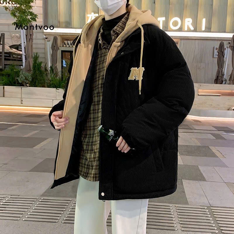 Áo Phao Nhung Tăm Giả 2 Lớp Mũ Hoodie Nam Nữ Dáng Rộng Phong Cách Hàn Quốc