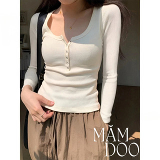 Áo Thun Tay Dài Cổ Vuông Cúc Bấm Ôm Body Nữ, Áo Thun Nữ Tay Dài Kiểu Sexy, dịu dàng nữ tính chất thun tâm lạnh MĂMDOO