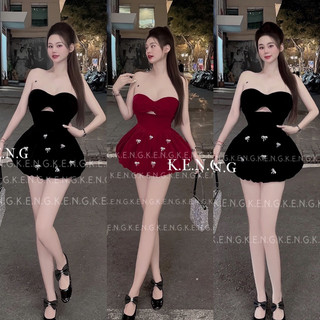 Đầm nhung quây ngực rúm nơ phối chân bồng đính tang nơ đá cực xinh tiểu thư