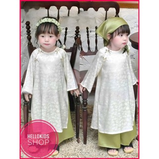  Áo Dài Bé Gái Đính Nơ Hoa Chất Liệu Gấm Trắng Phối Quần Lụa Ngọc Trai Dễ Thương Xinh Xắn 