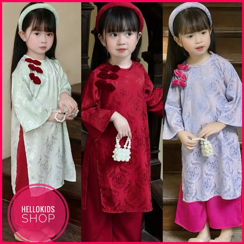  Áo Dài Cho Bé Cổ Tròn Đính Nơ Chất Liệu Gấm Thọ Cao Cấp Xinh Đẹp Dễ Thương 