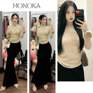  Set đồ nữ Áo thun giấy mỏng dáng ôm body tay gắn hoa + Chân váy đuôi cá dáng dài midi chất umi Đầm nữ maxi T685G MONOKA 