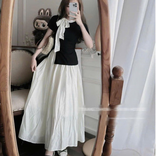 Set Áo Thun Xẻ Tà Cổ Nơ Kèm Chân Váy Dài Lưng Thun