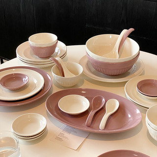 Bộ bát đĩa chén dĩa sứ màu pastel Tím, Kem, Nâu trà sữa men bóng gân nổi cao cấp đơn giản bếp ấm cúng