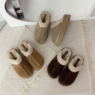  Giày sục nữ chất liệu da lộn bên trong lót lông ấm áp đế cao 4cm thời trang 