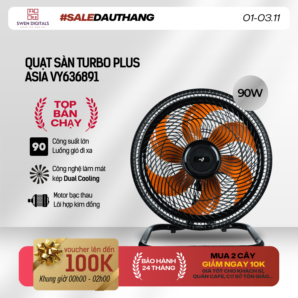 Quạt sàn Asia Turbo Plus- công suất 90W, 4 tốc độ gió - Hàng chính hãng