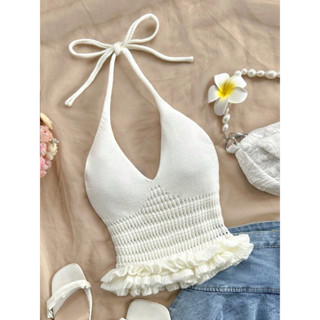 Áo Croptop Hai Dây Cổ Yếm Nữ Dệt Kim Buộc Dây Viền Bèo Nhún