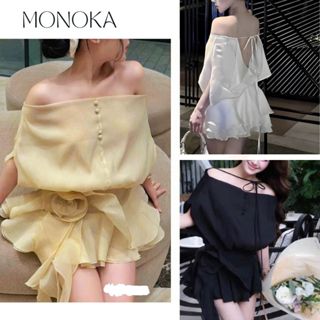 Set đồ nữ tiểu thư Áo trễ vai cúc bọc tay cánh dơi + Chhaan váy xòe tầng bèo dáng ngắn có dây thắt nơ xinh T688G MONOKA