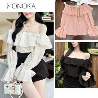 Áo tiểu thư trễ vai bèo tao gắn ngọc tài tay Áo kiểu nữ tay loe bồng form rộng bánh bèo nữ tính trắng đen T689G MONOKA