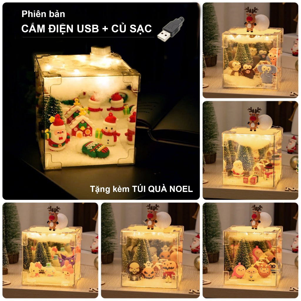 🔥(SẴN +TÚI + THIỆP) Hộp Đèn Giáng Sinh Ông Già Noel tráng gương 12cm, Đèn Ngủ Handmade Cây Giáng Sinh, Quà Tặng