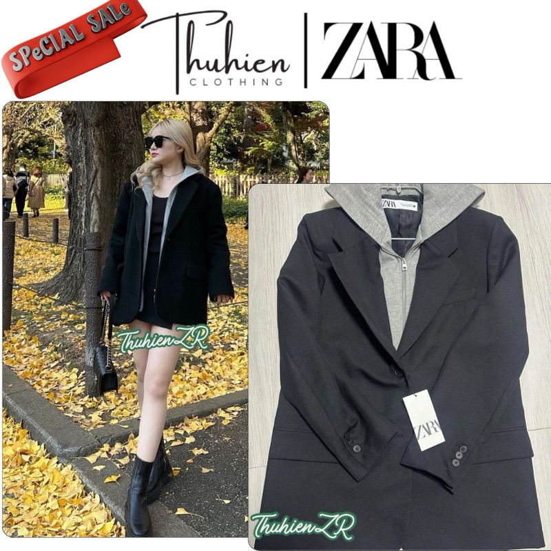 THUHIENZR(sẵn XS) Áo blazer ZARA 2437/557/800 phối kiểu có mũ nỉ xám đen hai cúc(kèm ảnh thật)