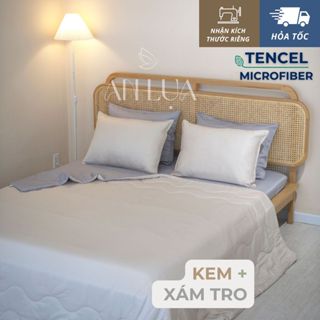 Bộ chăn drap 5 món An Lụa - vải Tencel Microfiber - Kem + Xám tro