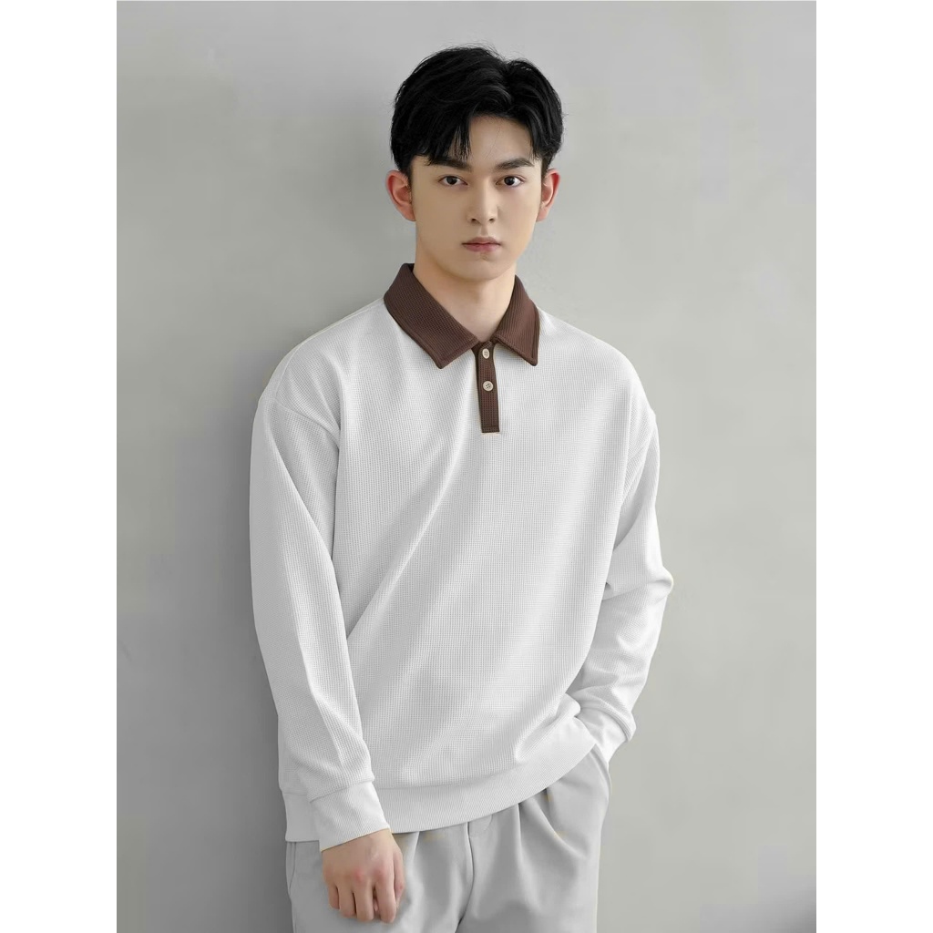 Áo Dày Tay Nam Cổ Bẻ PHỐI vải WAFFLE - Áo Thun Nam Thu Đông MAN+