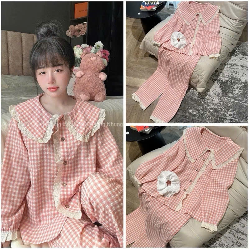 Bộ pijama ren bèo tiểu thư - Bộ đồ nữ mặc nhà siêu đáng yêu bánh bèo