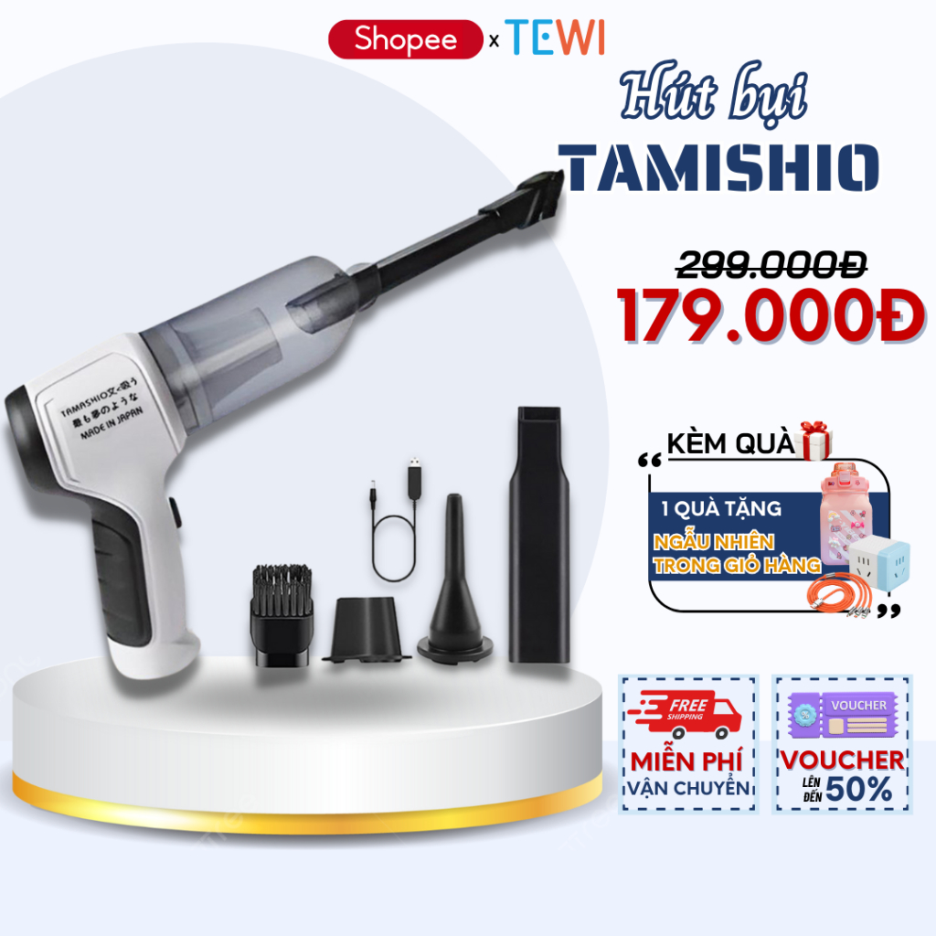 Máy Hút Bụi Cầm Tay Không Dây Nhật Bản TEWI TAMASHIO 6 Đầu Hút, Máy Hút Bụi Ô Tô, Giường Nệm, Lông Chó Mèo