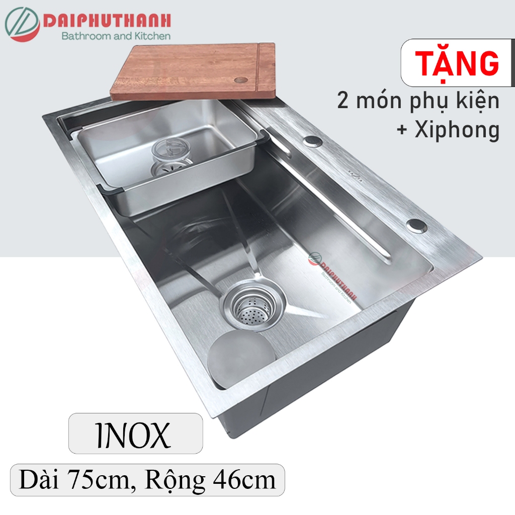 Chậu Rửa Chén Bát Inox 1 Hộc 75x46cm Nhiều Màu Inox Xước Xám Đen - Tặng 2 món phụ kiện thớt, khay, đầy đủ xi phông