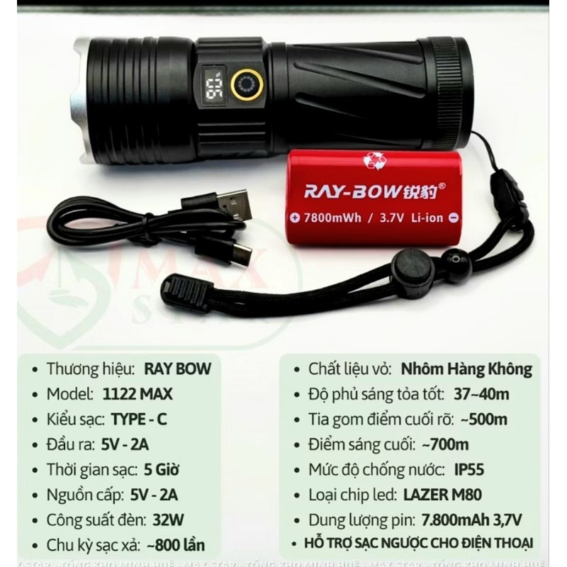  Đèn pin siêu sáng RAY BOW 1122 MAX chiếu xa 700m có ZOOM sáng gần xa  chống nước ,sạc ngược cho điện thoại 