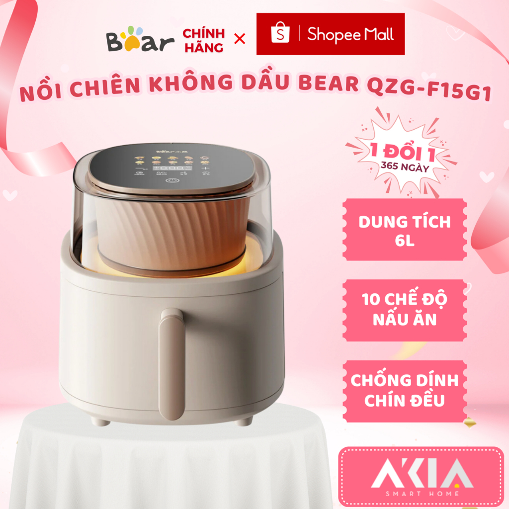 Nồi chiên không dầu 6L Bear QZG-F15G1 - 10 chế độ nấu ăn, hẹn giờ, lòng nồi chống dính, chín đều - B