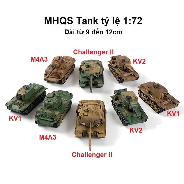 Mô hình lắp ráp MHQS tỉ lệ 1:72 Modern Vehicle KV 1 KV2 M4A3 Challanger 2 với 2 màu xanh và vàng ( 4D )