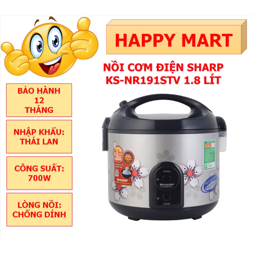 Nồi cơm điện Sharp KS-NR191STV & KS-NR181STV 1.8 lít, nhập Thái Lan, bảo hành 12 tháng toàn quốc