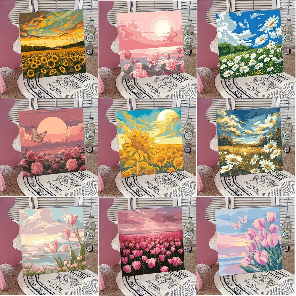 Tranh tô màu theo số Tranh sơn dầu số hoá hình hoa xinh xắn 20x20 có khung