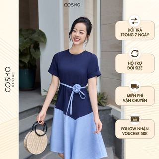 Váy đầm nữ thiết kế dáng suông tím than phối chân kẻ xanh đai hoa eo thanh lịch sang trọng Frances Dress 12509
