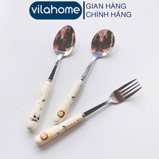 Thìa Dĩa Inox Cán Sứ Vilahome, Muỗng Nĩa Dài 19cm Viền Bo Tròn, Cán Cầm Dài In Họa Tiết Dễ Thương