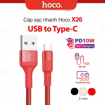 Cáp Sạc Nhanh Hoco X26 USB to TypeC Chống Đứt, Chống Gãy Dài 1m